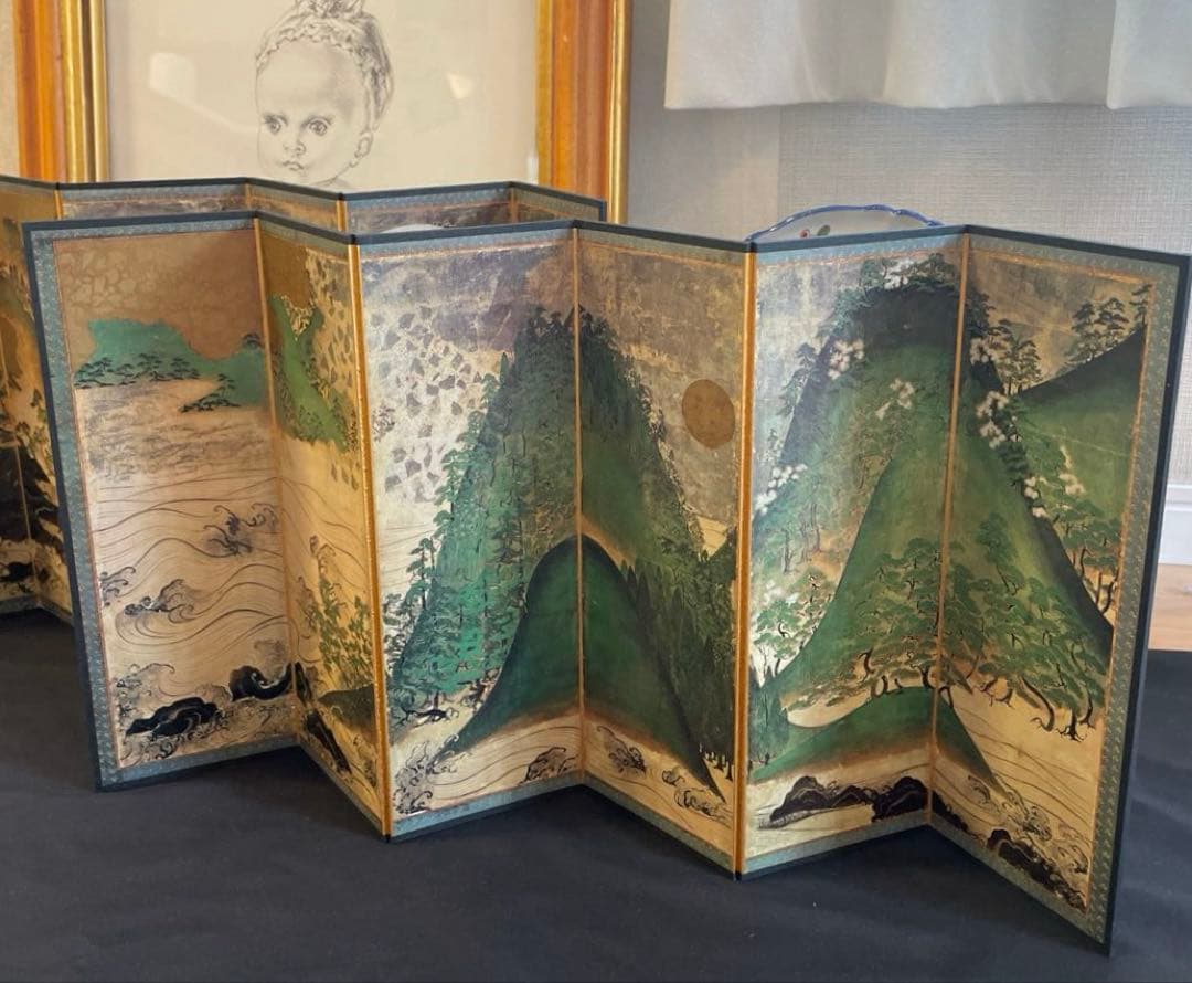 便利堂 縮小屏風「日月山水図屏風」重文表記（国宝指定前ロット）日本美術　美術史