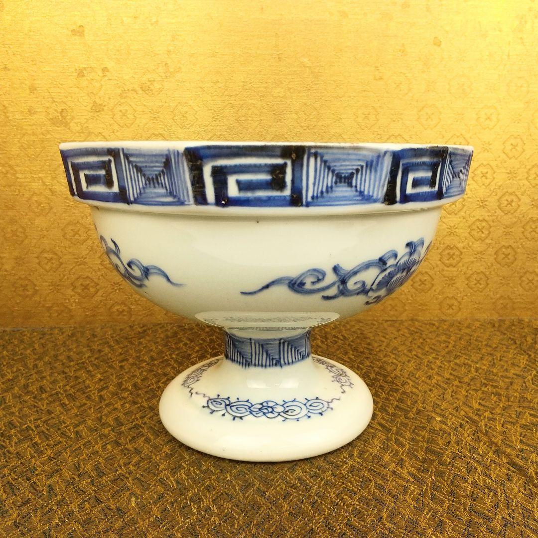 【お値下げしました！】古伊万里　染付　線描　青海波　花蝶文　八角盃洗