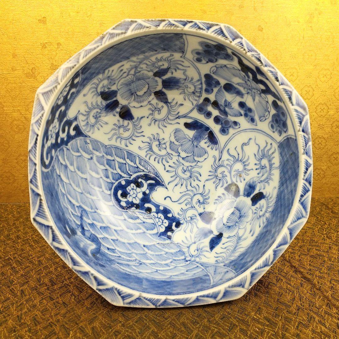 【お値下げしました！】古伊万里　染付　線描　青海波　花蝶文　八角盃洗