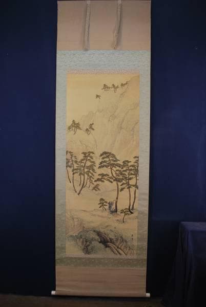 真作/義堂/山水人物図/布袋屋掛軸B-382