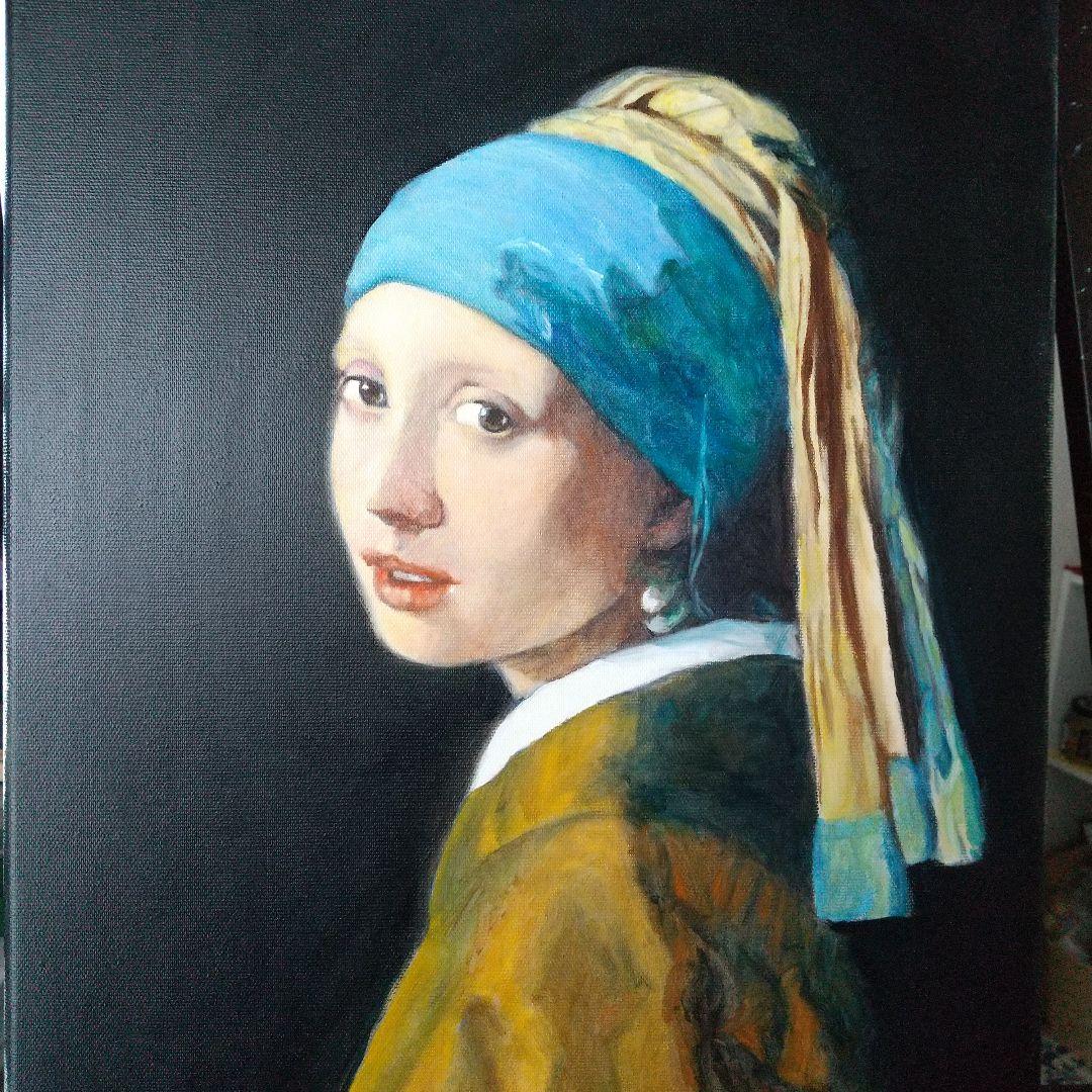 油絵 模写 フェルメール 真珠の耳飾りの少女 8号 F8 額縁つき