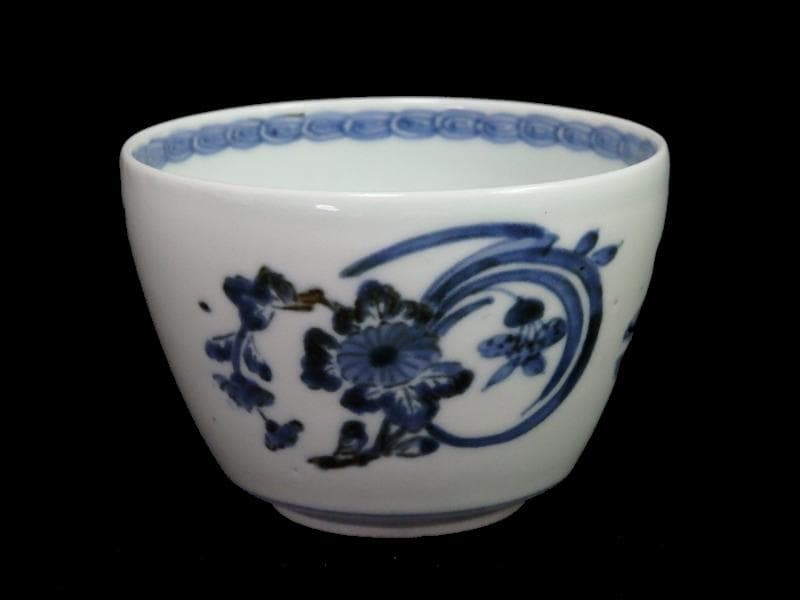 古伊万里　藍九谷　菊に蘭の図　大振蕎麦猪口　江戸中期　C552AS-BKc