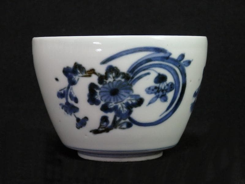 古伊万里　藍九谷　菊に蘭の図　大振蕎麦猪口　江戸中期　C552AS-BKc