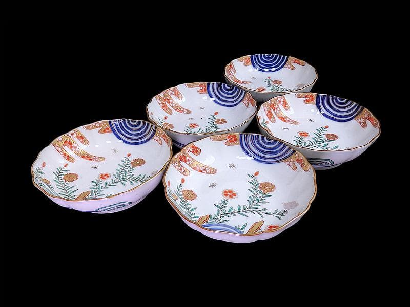 古伊万里　金襴手　撫子に桜花の図　膾皿　５客　D129AS-DAp