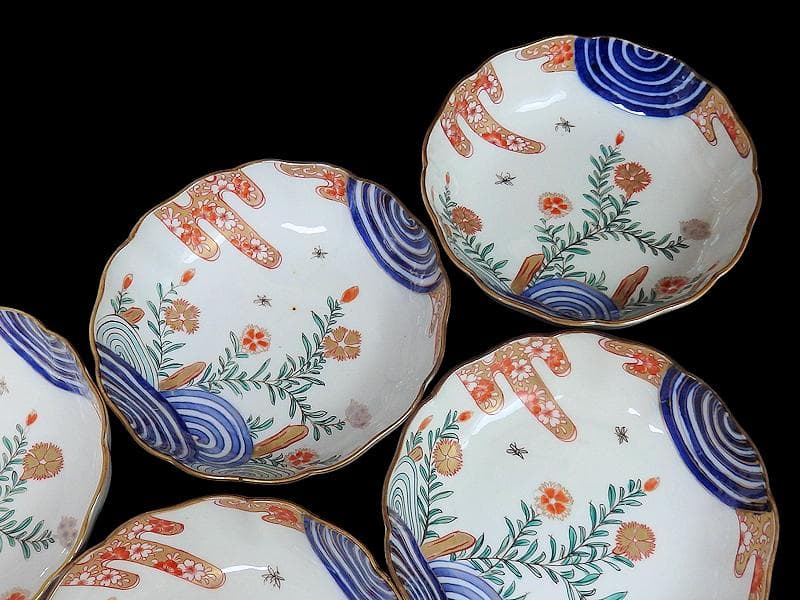 古伊万里　金襴手　撫子に桜花の図　膾皿　５客　D129AS-DAp