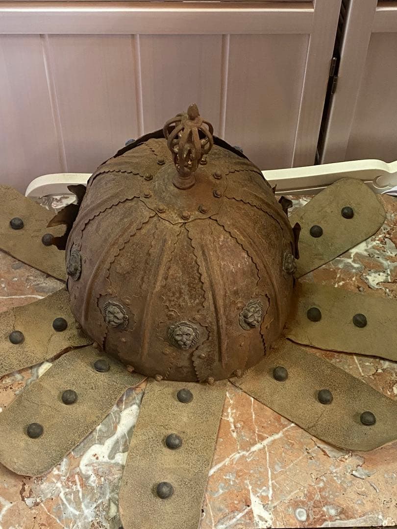 超希少♦️中国武具♦️中国歴史 アンティーク兜♦️獅子形金具♦️鳳羽兜♦️青色装飾♦️送料込