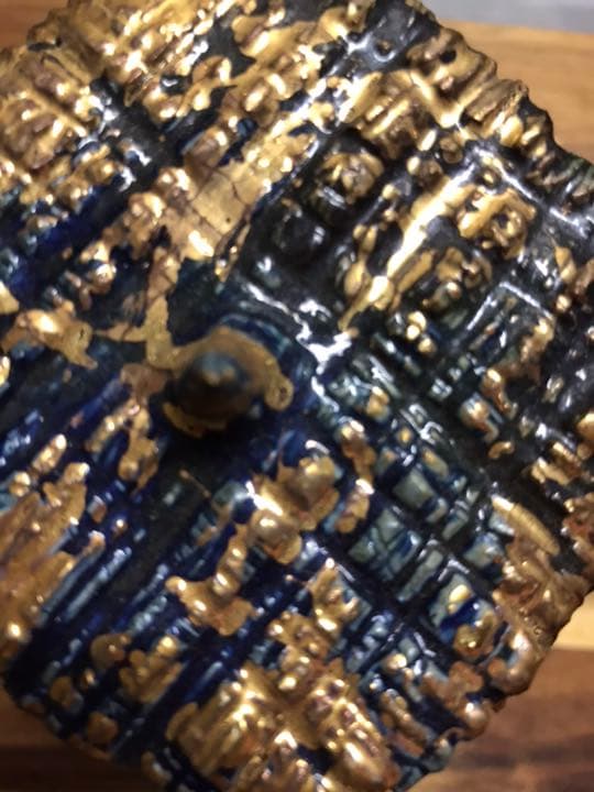 韓国インスドン女流作家蝋燭立　釉薬コバルトと24金箔　前衛陶芸　銘銘有