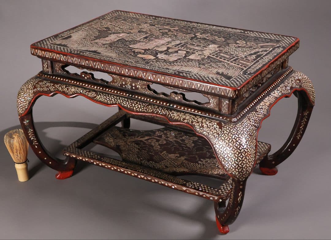 【MA732】時代 中国美術 人物文 螺鈿細工 二段卓 花台 木製 香炉台