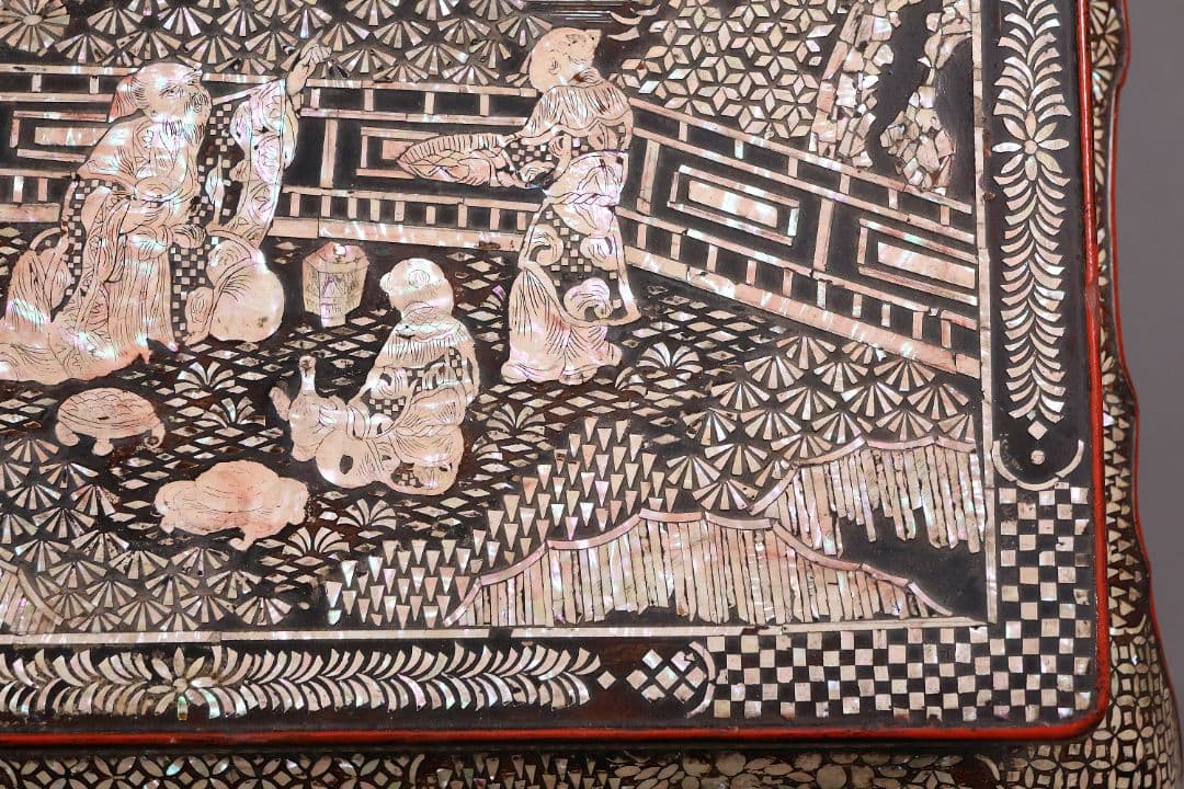 【MA732】時代 中国美術 人物文 螺鈿細工 二段卓 花台 木製 香炉台