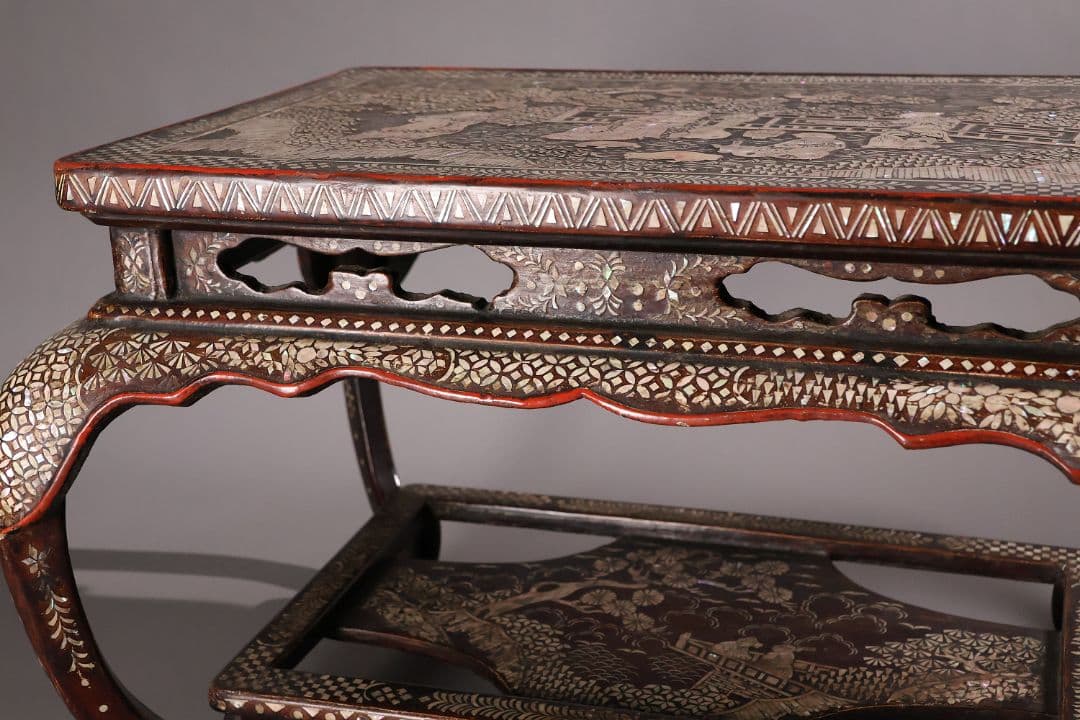 【MA732】時代 中国美術 人物文 螺鈿細工 二段卓 花台 木製 香炉台