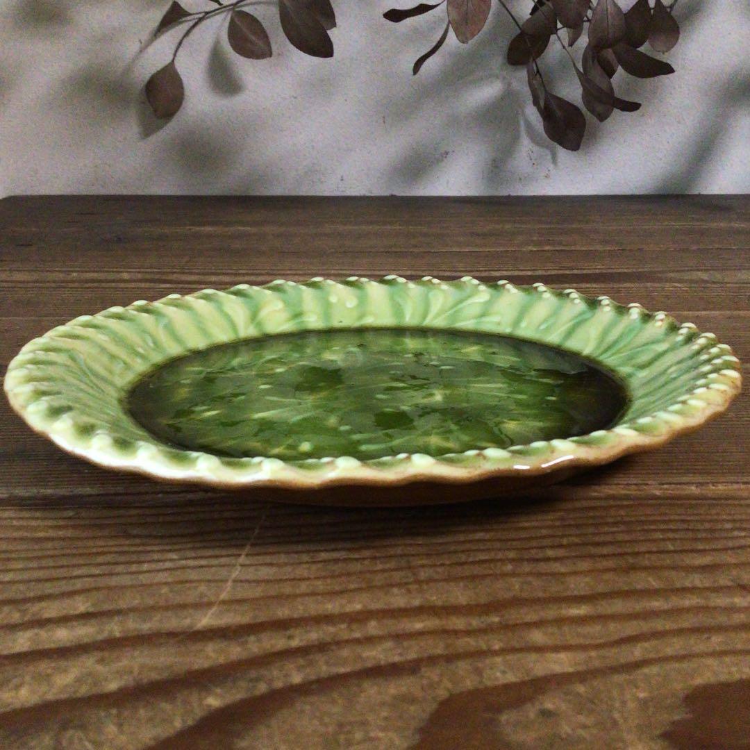 No4975 布志名焼　船木伸児　緑釉丸皿　共箱/栞付　島根県　民藝　送料無料