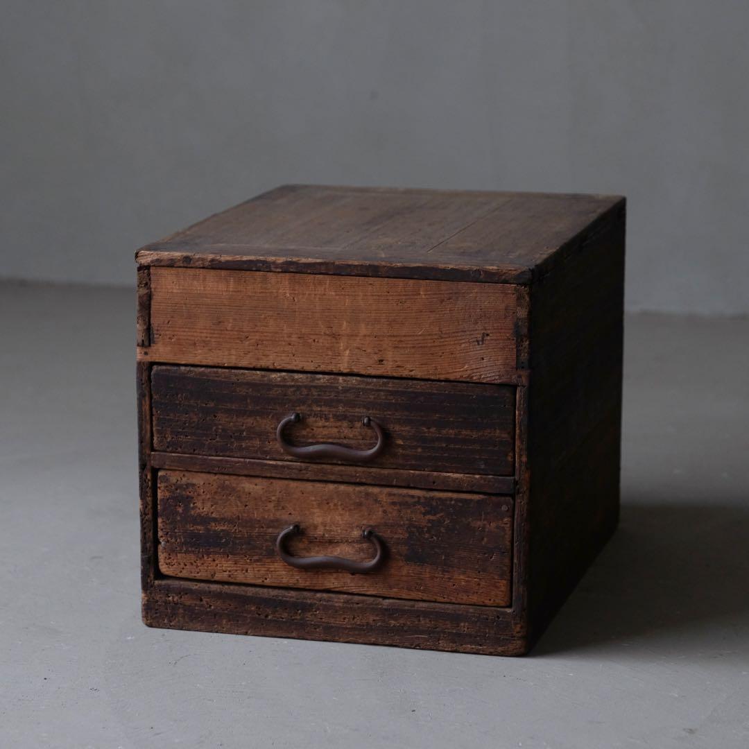 桐材＋檜材 蓋付き２杯小引き出し　抽斗 箪笥 書類棚 木箱 古家具 古道具 骨董