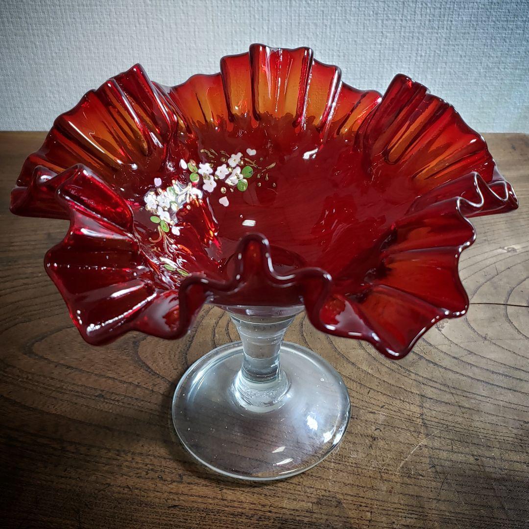 デザートグラス　氷コップ　色ガラス　輪花　ウランガラス　色絵付　明治　大正