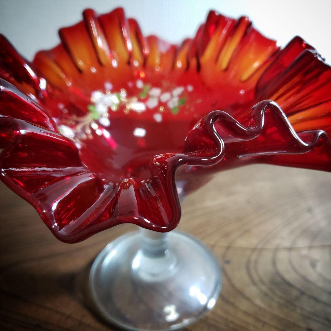 デザートグラス　氷コップ　色ガラス　輪花　ウランガラス　色絵付　明治　大正