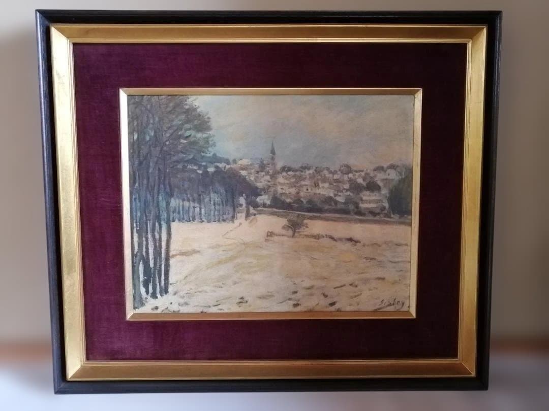 アルフレッド・シスレー「マルリー・ル・ロワの雪」油彩画プリント　額縁付き