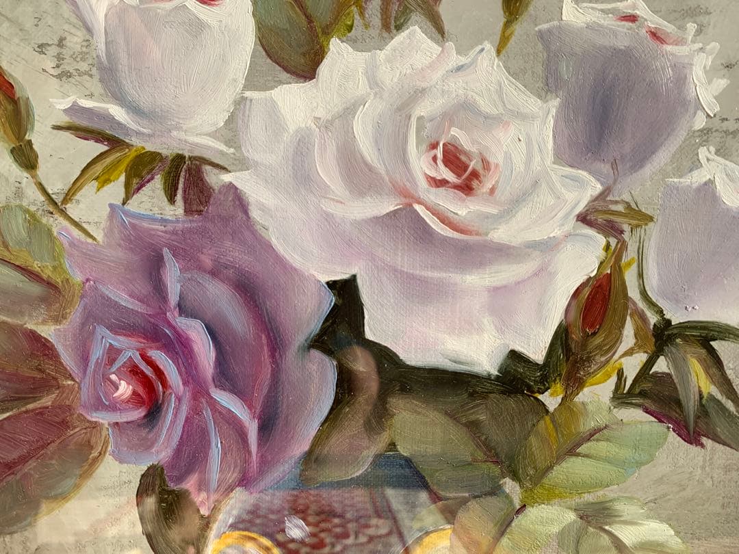 油彩画　花瓶とバラ　肉筆　ゴールド額縁　アンティーク