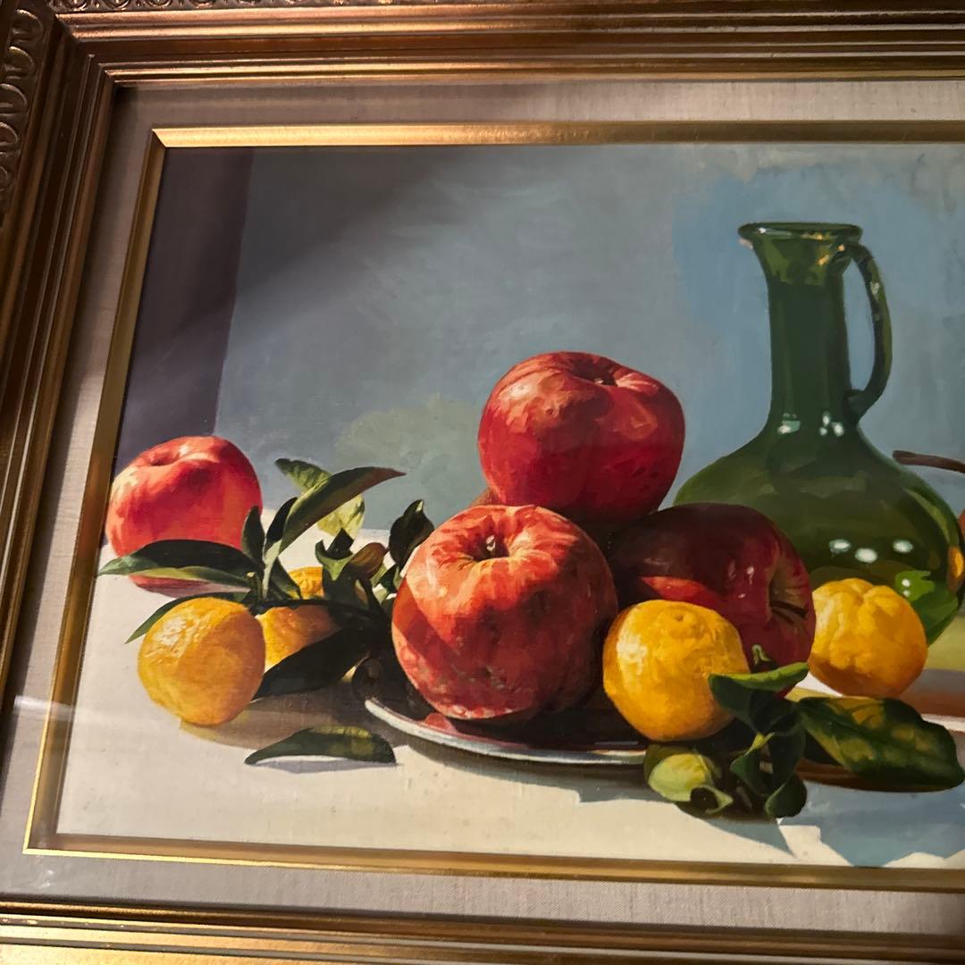 大幅お値下げ❗️みずみずしい　りんごの油絵　洋画　ヴィンテージ　ゴールド額縁