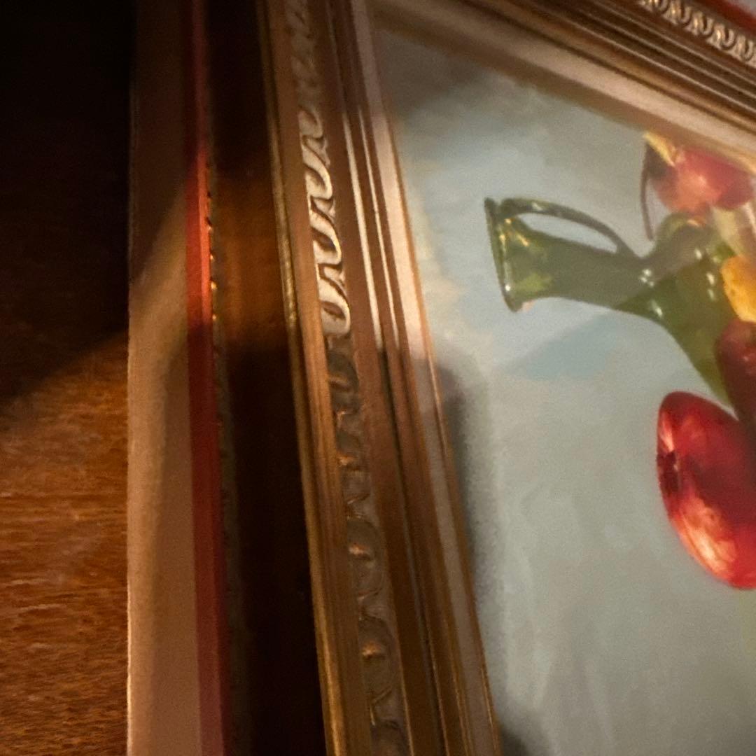大幅お値下げ❗️みずみずしい　りんごの油絵　洋画　ヴィンテージ　ゴールド額縁