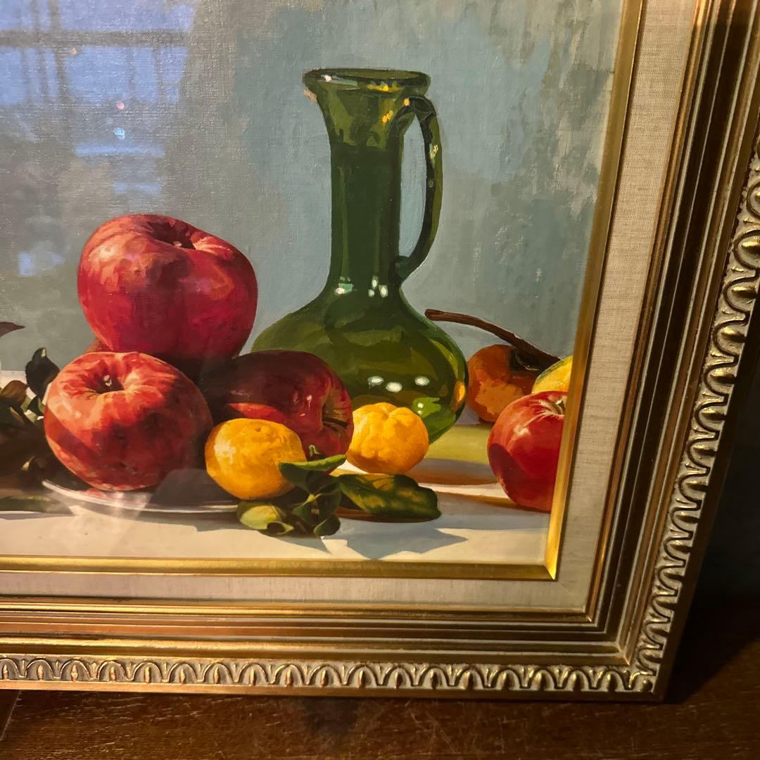 大幅お値下げ❗️みずみずしい　りんごの油絵　洋画　ヴィンテージ　ゴールド額縁