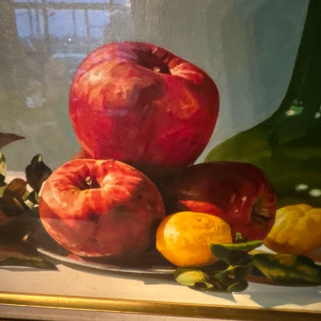大幅お値下げ❗️みずみずしい　りんごの油絵　洋画　ヴィンテージ　ゴールド額縁
