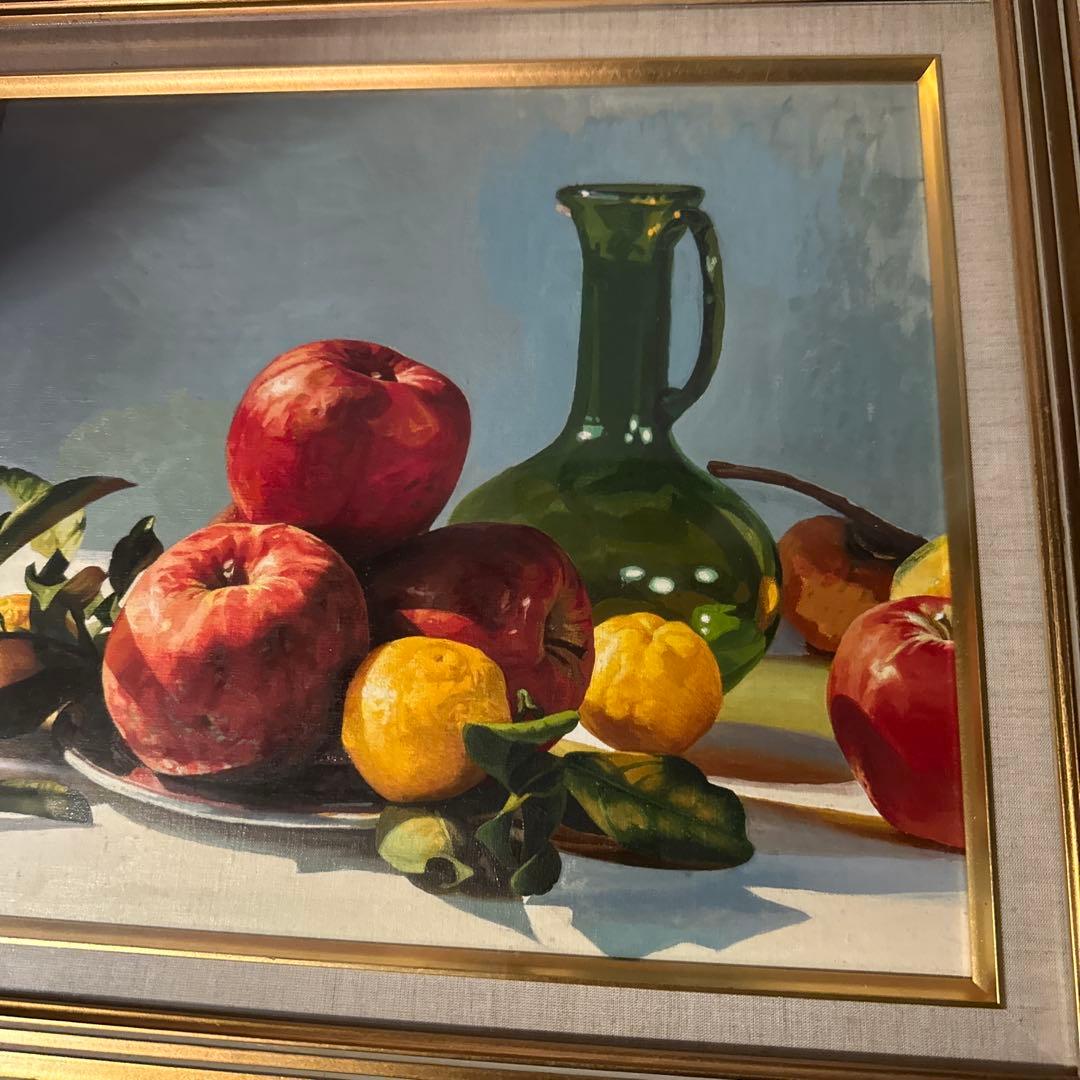 大幅お値下げ❗️みずみずしい　りんごの油絵　洋画　ヴィンテージ　ゴールド額縁