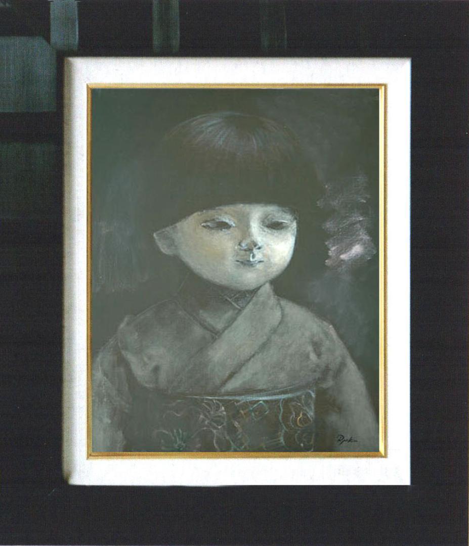 油絵 菅家令子 絵 絵画インテリア額付(白) F6-080118 市松日本人形