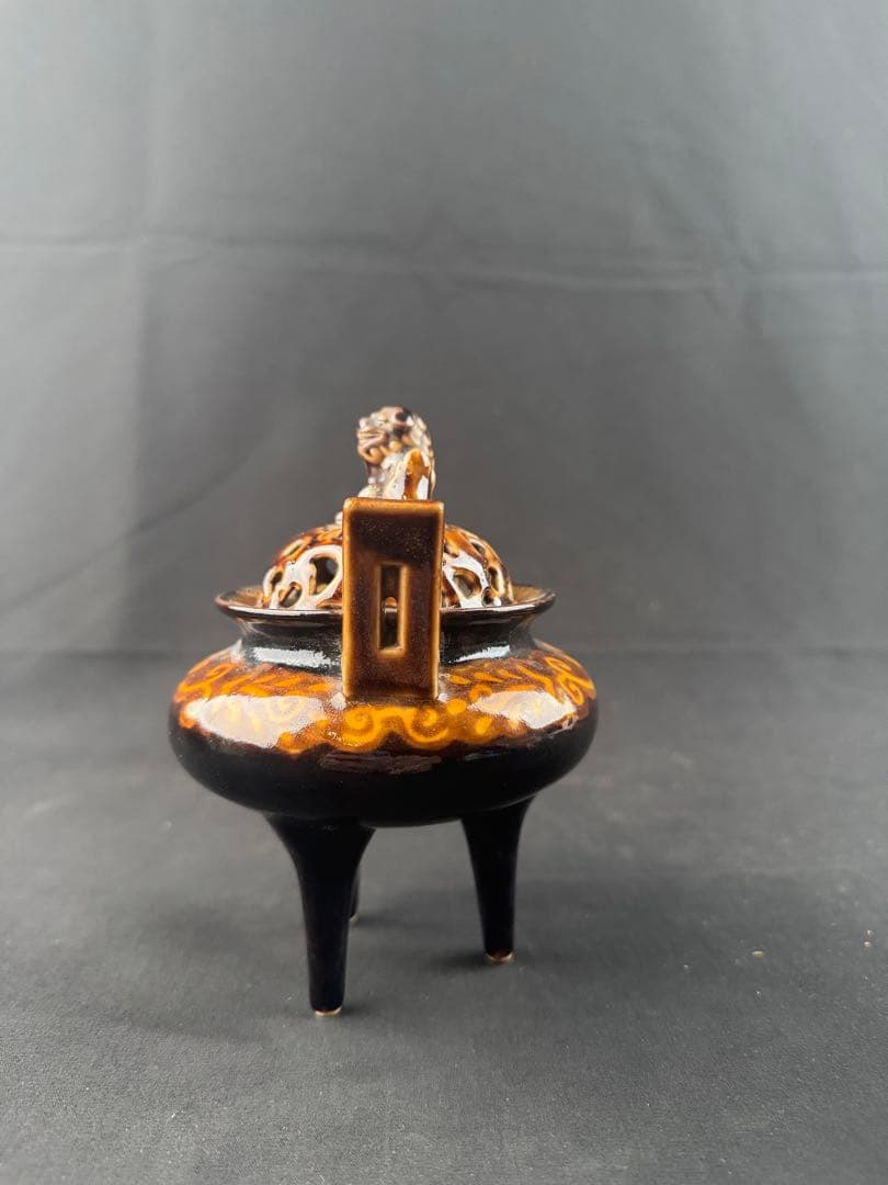 三ツ井為吉作 深厚釉香炉 九谷焼 火焔文皇玉獅子 高足三足 本物保証