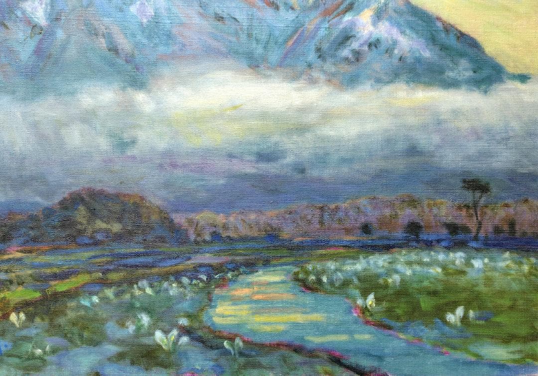 P15「尾瀬ヶ原（朝）」1992 油絵 油彩画 絵画 アート 風景画 至仏山