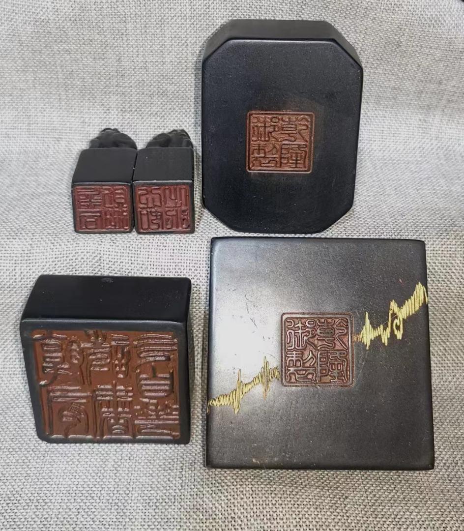 中国古美術・貴重な墨玉の5点セット・印鑑・摆件・書道具・文房具・天然石・案頭