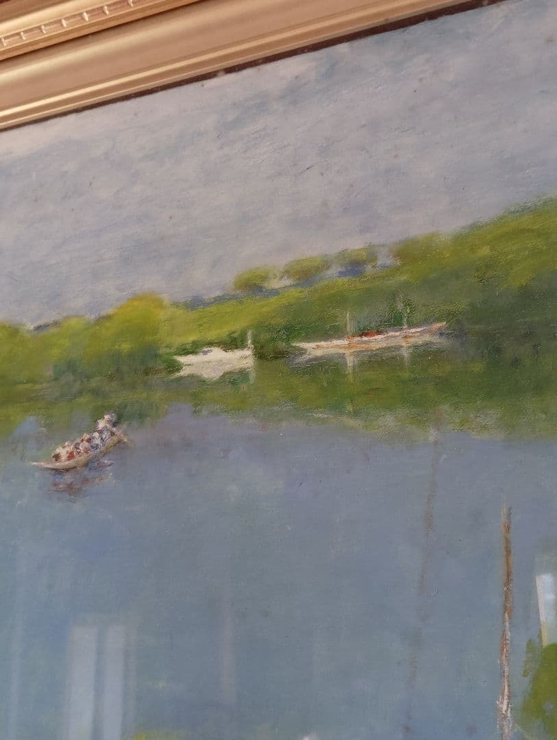 春の河原の絵　92cmx80cm M. Ondera 風景画 金色フレーム付