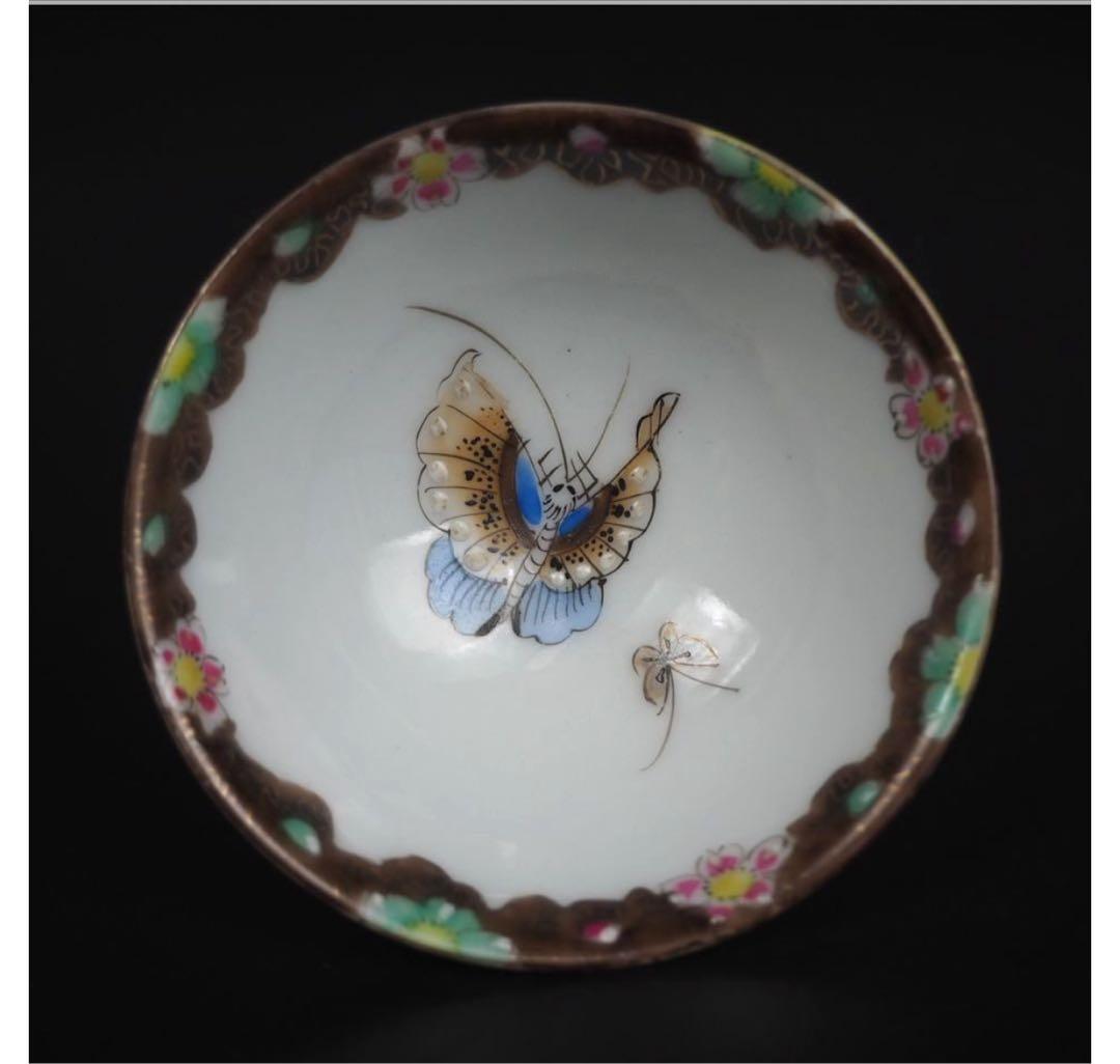 送料無料　京焼 大日本永楽製　蝶々紋色絵煎茶碗５客　茶道具 煎茶道具