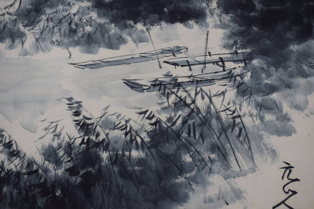 【真作】杉原元人/水墨山水図/漁舟晴天/掛軸☆宝船☆Y-418　JM