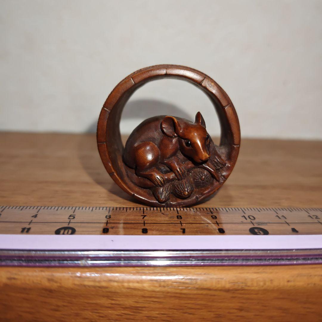 時代提物 木彫根付【樽鼠】樽直径約4cm 樽幅約2.3cm 重17ｇ福鼠 縁起物
