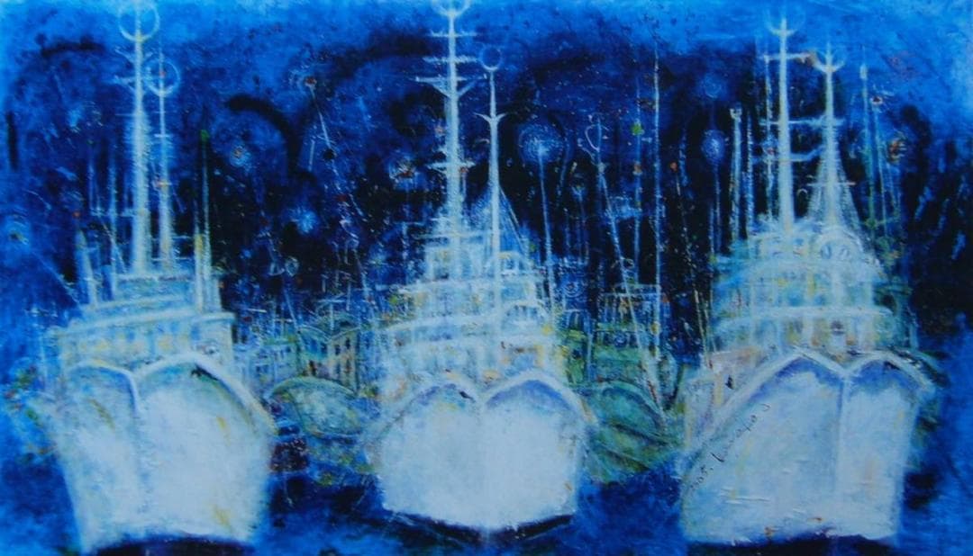 小川 清子、「船景」、希少画集、額装画、日本製・新品額にて額装、状態良好