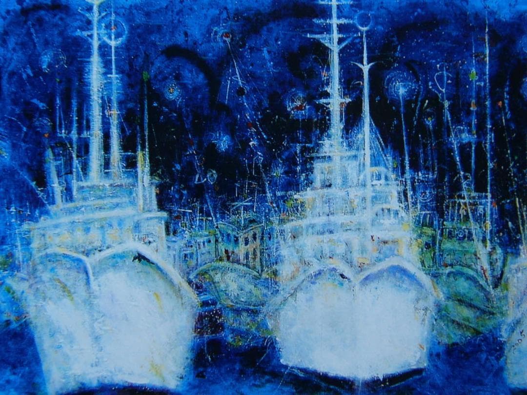 小川 清子、「船景」、希少画集、額装画、日本製・新品額にて額装、状態良好