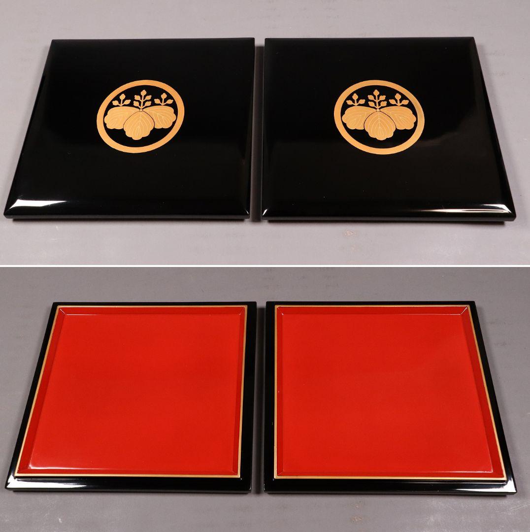 輪島塗 桐家紋 黒塗内朱塗 五段重 堅地布着 重箱 金蒔絵 木製 【MA357】