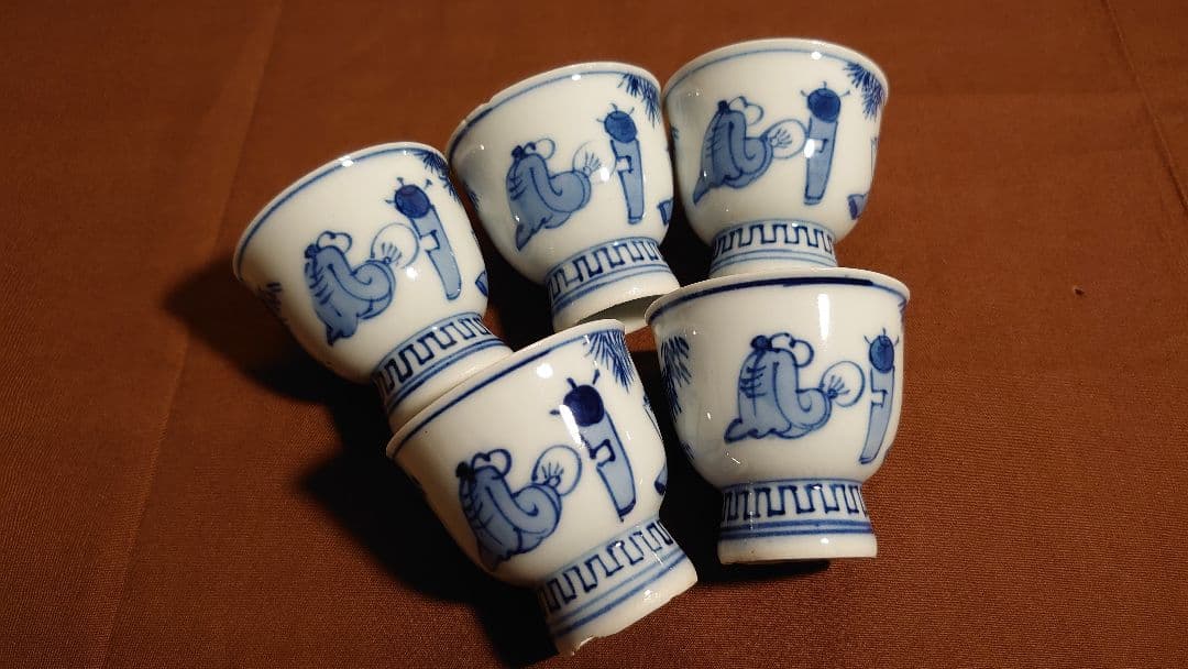 煎茶碗　竹泉　古染付　アンティーク煎茶碗　茶道具　蔵出し　５客