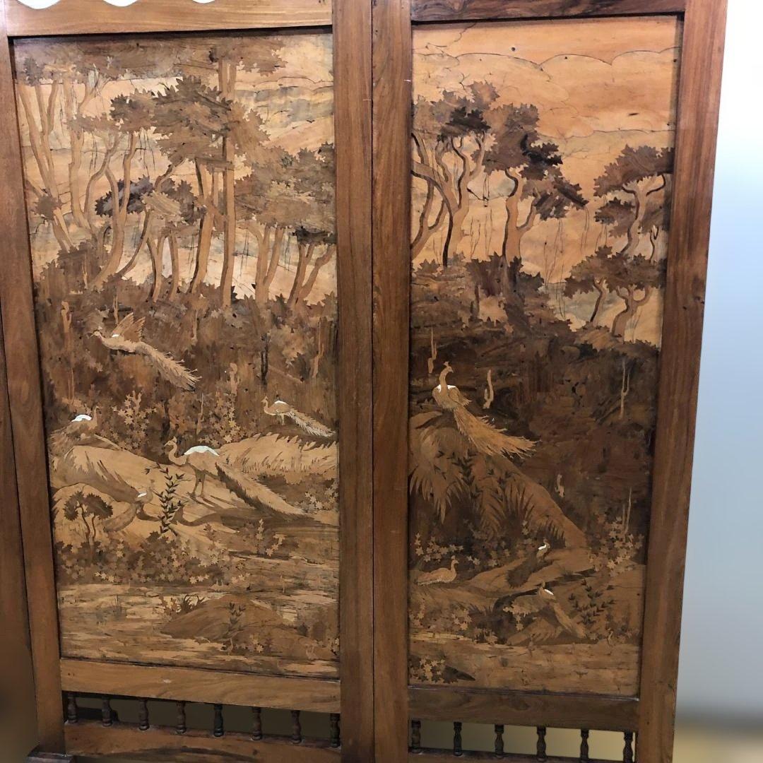 昭和52年製 木象嵌 三連衝立 松に孔雀 瑞鳥 神戸税関検査印 260117-1