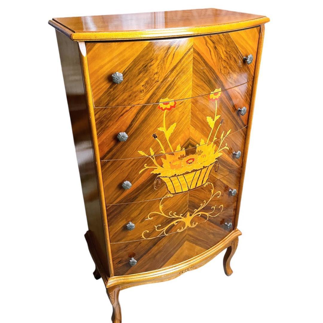 【★希少★】おしゃれ　イタリア製　象嵌　5段　チェスト　猫脚　アンティーク　家具