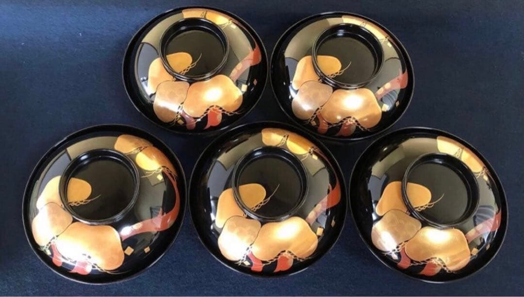 《レ》黒塗 蒔絵付 煮物椀5客 雑煮椀 木製漆器 木箱　251113え1