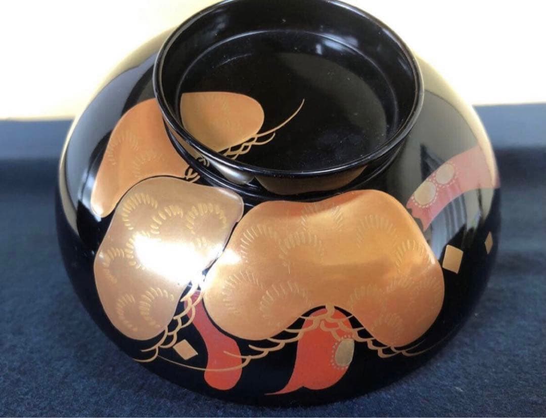 《レ》黒塗 蒔絵付 煮物椀5客 雑煮椀 木製漆器 木箱　251113え1