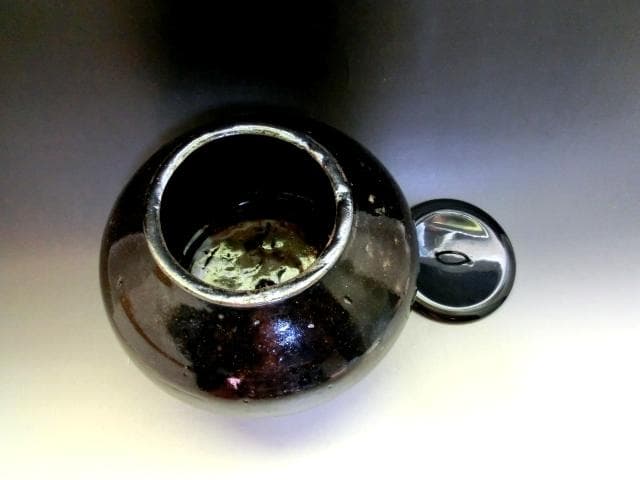 水指■黒釉時代物水指 李朝 お茶道具 種壷 漆器の蓋 塗蓋 アンティーク時代物■