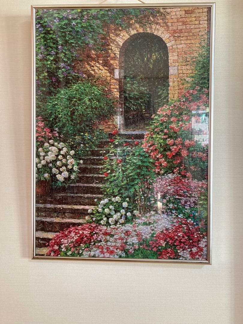 千P③花ガーデン階段口ジグソーパズル　アルミ額50×74㎝完成　油絵作名　極美品