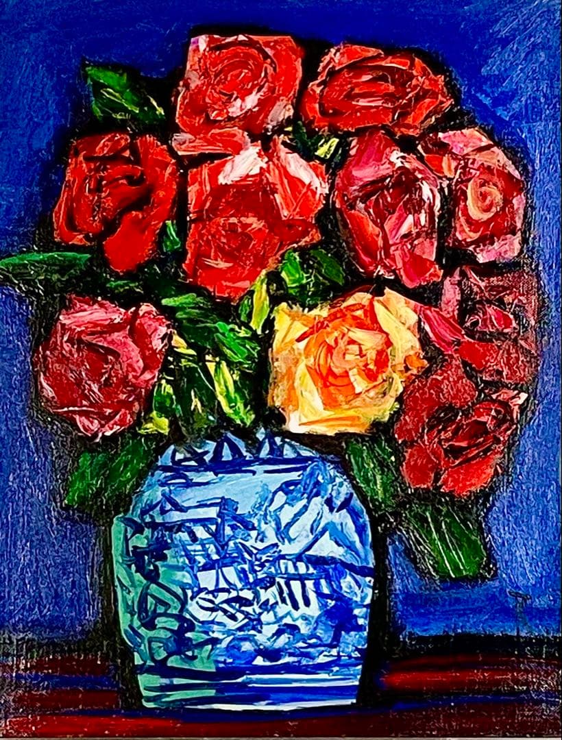 【mさま専用】中川力真作「ばら」油彩6号　サイン・裏書　力強い筆致と鮮やかな色彩