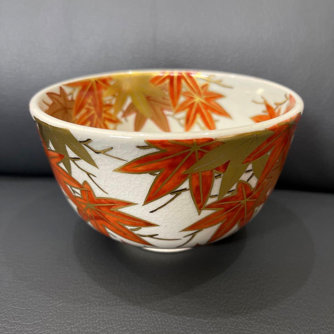抹茶茶碗　色絵紅葉　膳所焼　陽炎園造