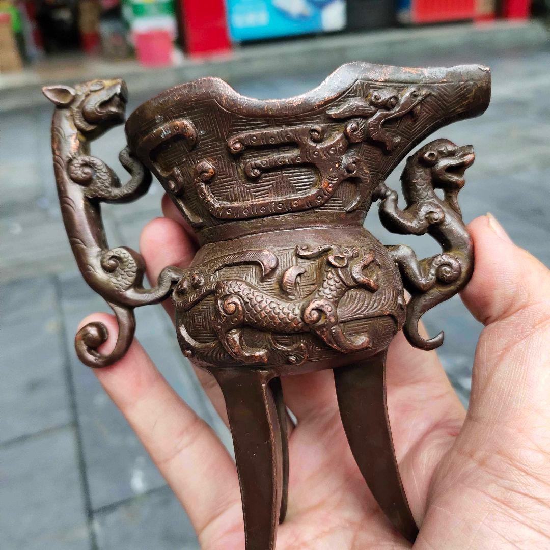 銅器 瑞獣爵杯 玄関 博古架 茶道具 装飾品 工芸品 置物