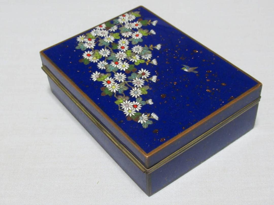 美品 希少 大正時代◆京七宝 稲葉七宝 内銀鍍銀 外観(小鳥/小菊図) 小物入れ