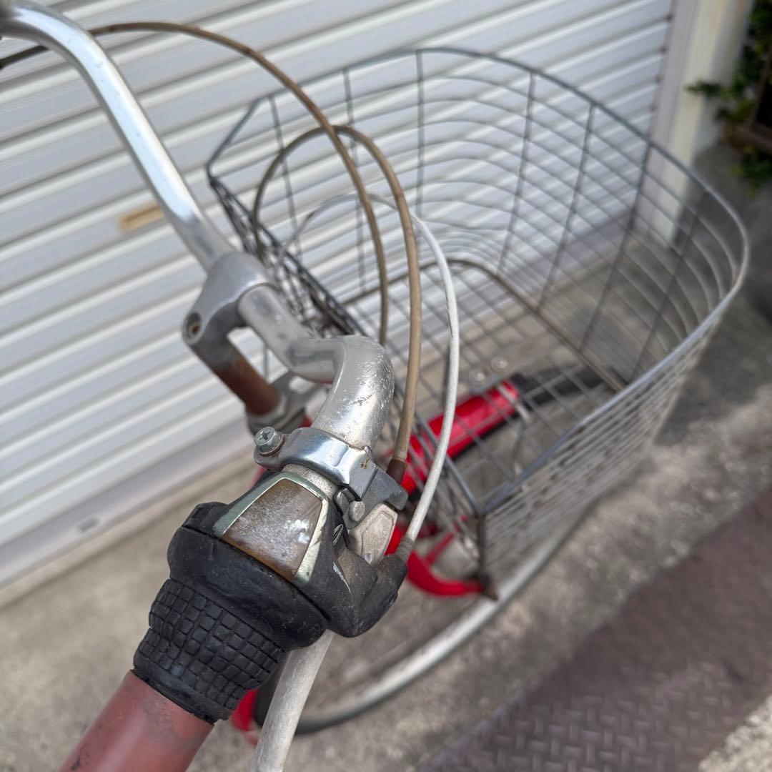 【引き取り限定】自転車　中古車　変速　シティサイクル 赤　茶色サドル