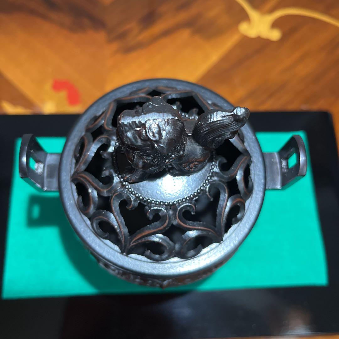 美術鋳物 華陽香爐 啓裕作 黒檀台座付 新品箱入