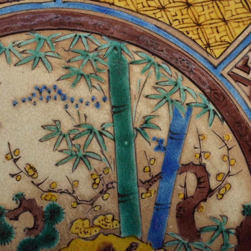 九谷焼　古九谷　青手九谷　松竹梅鶴亀文　高足鉢　角福銘　時代箱付　F　R6667